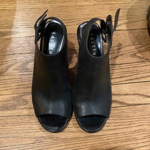 Lauren Ralph Lauren / Black Leather / Peep-toe / Block Heels